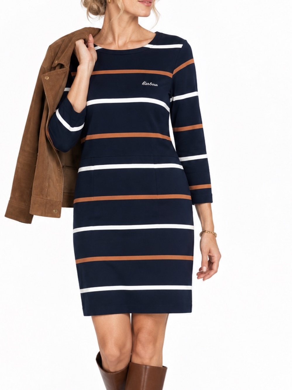 Barbour Navy White and Brown Preppy Striped 100% Cotton Dress Size 6